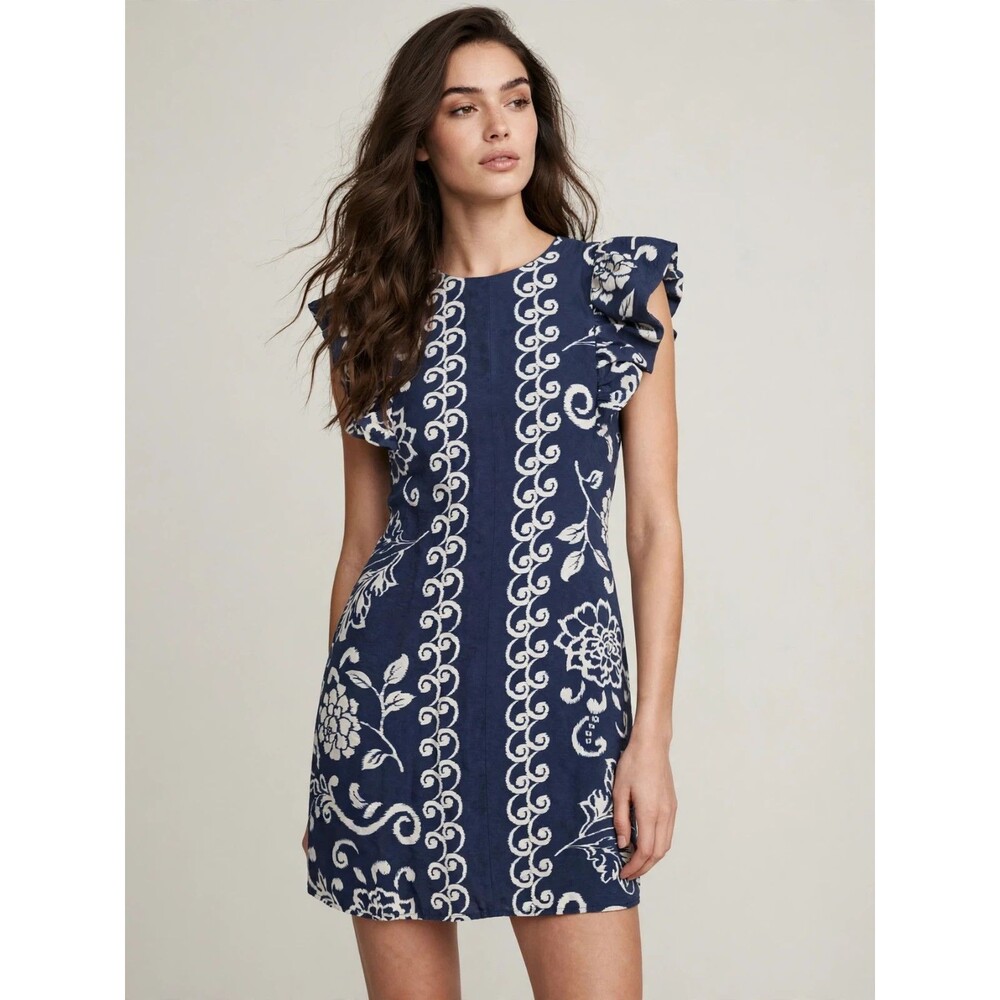 TCEC Womens M Navy Blue Floral Print Flutter Sleeve Mini Dress Lined Romantic